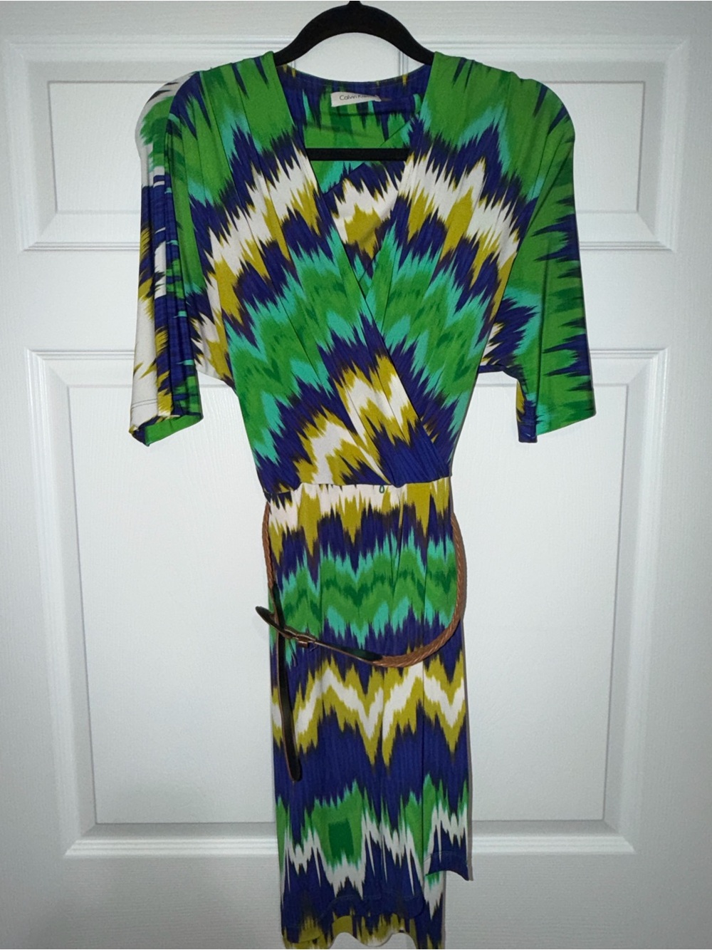 Calvin Klein Green Abstract Ikat Belted Faux Wrap Dress